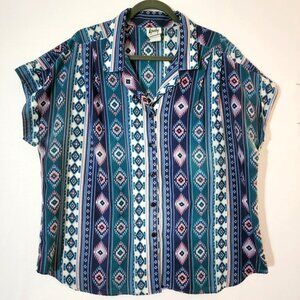 Tapestry Womens Button Down Shirt Short Sleeve Sz 22W Blue Pink Aztec VTG USA